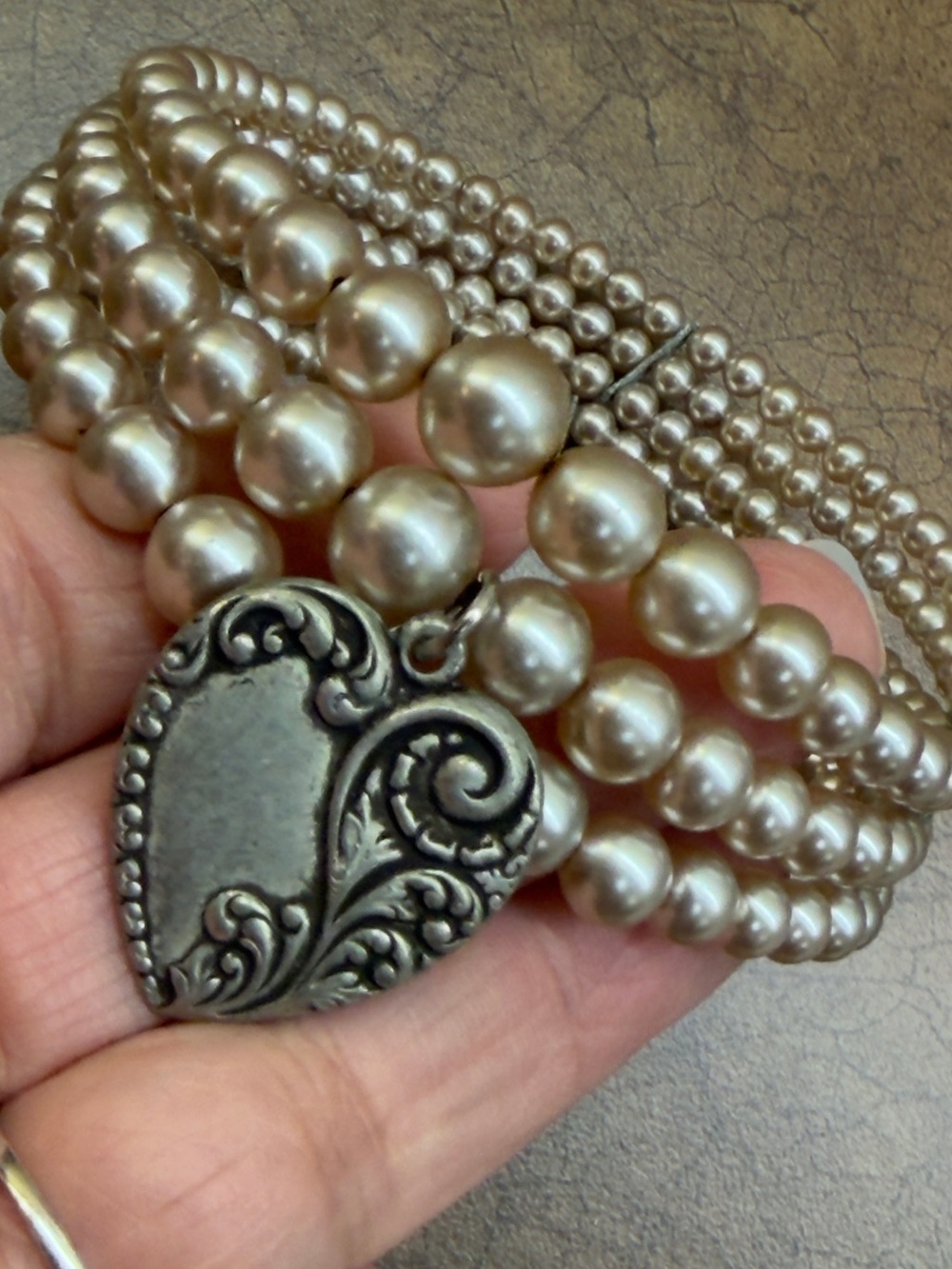 Pearl Multi-Strand choker  with Ornate Heart Pendant - Cream